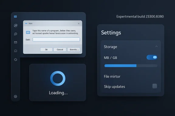 Dark UI mockup showing app “Settings” with storage toggle and a “Loading…” screen, plus an input dialog.