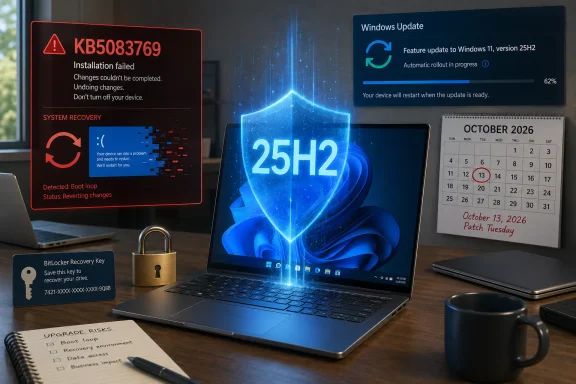 Office laptop shows Windows 25H2 update failure (KB5083769) with boot loop recovery error and Windows Update progress.