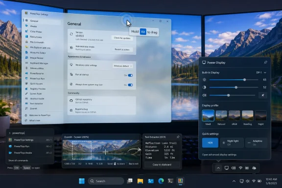 Windows PowerToys settings and display tuning shown on dual monitors over a mountain scenery background.