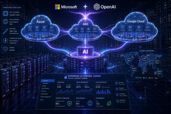 Futuristic AI cloud network showing Azure, AWS, Google Cloud, and Microsoft/OpenAI with global data center visuals.