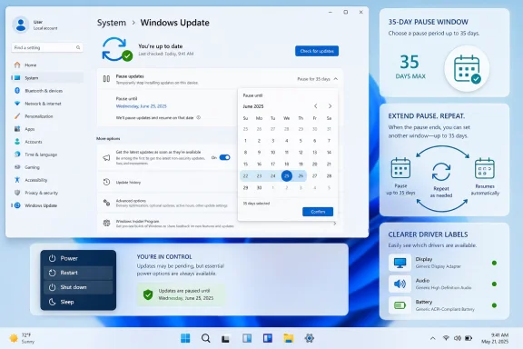 Windows Update screen showing a 35-day pause period with calendar selection and repeat/extend instructions.