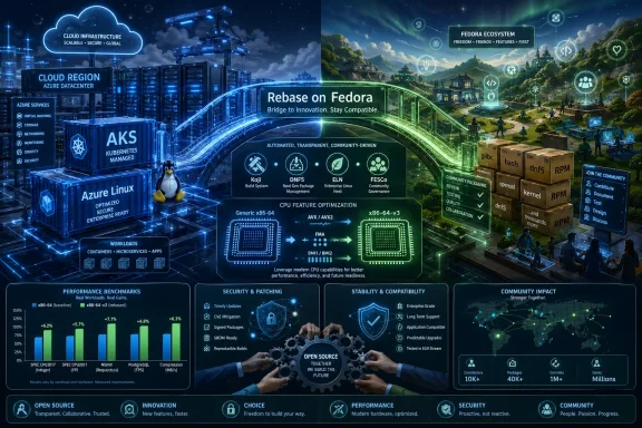 Split graphic of Azure cloud datacenters and a Fedora ecosystem, highlighting “Rebase on Fedora” with open-source tech.