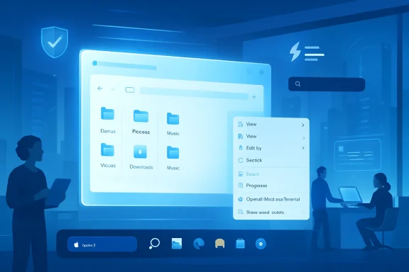 Blue UI scene with a laptop showing a file browser and context menu, plus two people working.