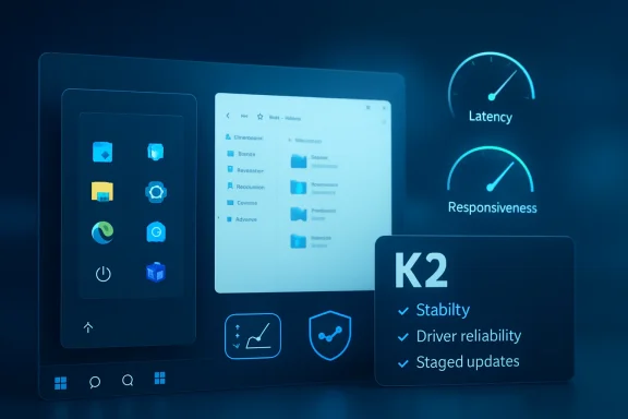 Blue tech interface showing latency, responsiveness, and K2 stability features with gauges and checkmarks.