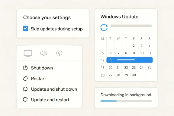 Screenshot shows Windows update options, including skipping updates during setup and downloading in background.
