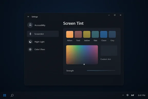 Screenshot of “Screen Tint” accessibility settings with color filters and strength slider on a dark UI.
