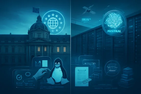 Split-screen of futuristic tech scenes: a globe logo on a cathedral and servers with AI “IRIS” and “MISTRAL.”