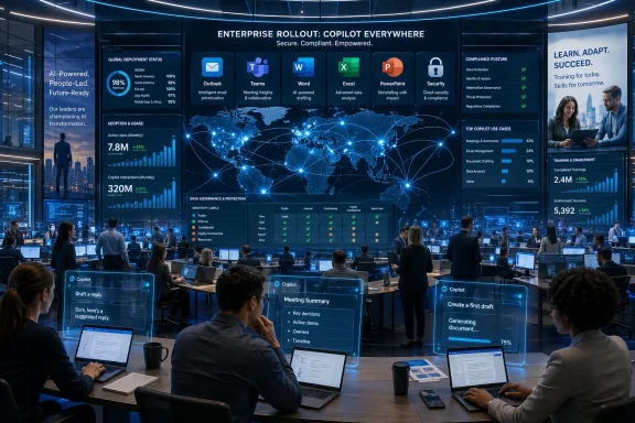 Business team in a modern office presented with a glowing “Enterprise Rollout: Copilot Everywhere” global dashboard.