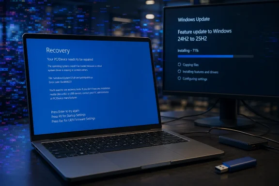 Laptop shows Windows recovery and update screen with installation progress in a dark tech setting.