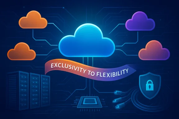 Colorful cloud computing graphic with connected servers, “Exclusivity to Flexibility” banner, and security lock.