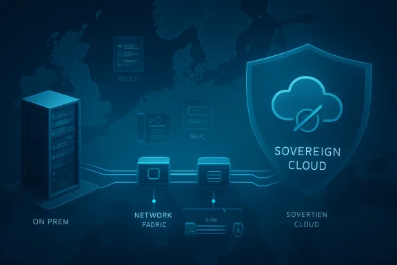 Blue network diagram showing sovereign cloud and on-prem data security with servers, routers, and policy icons.
