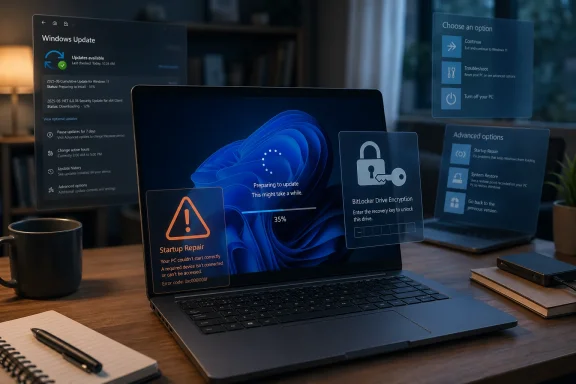 Laptop shows Windows update and BitLocker encryption prompts with startup repair error at 35% on a desk.
