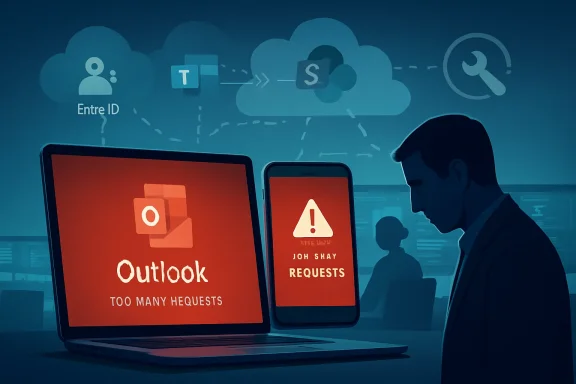 A silhouetted worker at a desk shows Outlook overload alerts on a laptop and phone.