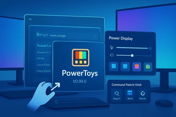 Futuristic desktop display with “PowerToys” and a “Power Display” UI in blue on multiple monitors.