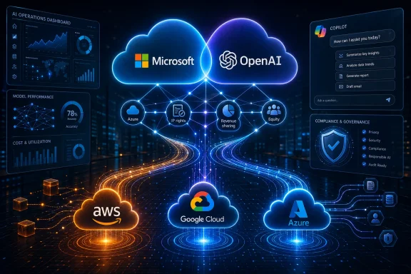 Cloud network diagram linking Microsoft, OpenAI, AWS, Google Cloud, and Azure with AI dashboards and governance icons.
