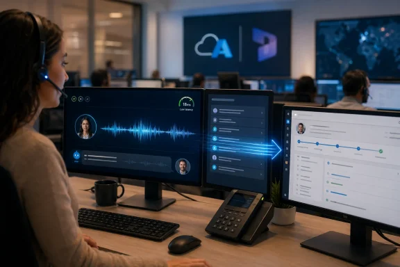 Call center agent wearing a headset monitors multi-screen analytics and audio visualizations in an office.