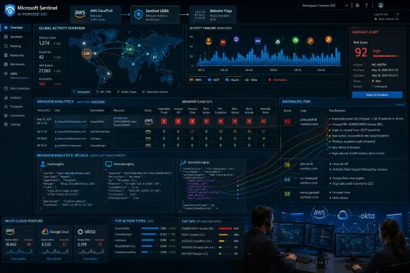 Cybersecurity dashboard for Microsoft Sentinel showing global UEBA behavior analytics and a high-risk anomaly alert (risk score 92).