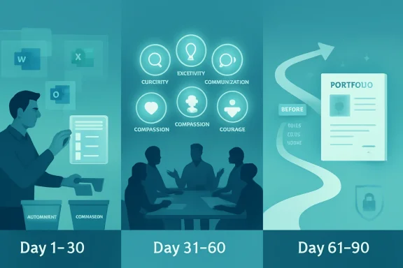 Illustration showing teams collaborating with values icons and a “portfolio” document across different days.