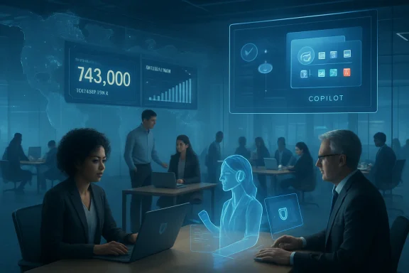 Office meeting with people in front of holographic analytics dashboards and a digital AI assistant interface.