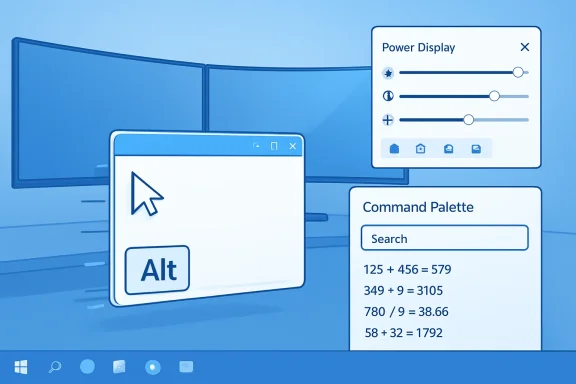 Blue desktop mockup with an “Alt” shortcut window, power display panel, and command palette showing search and math results.