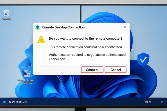 Windows Remote Desktop prompts a failed authentication message with Connect and Cancel options.