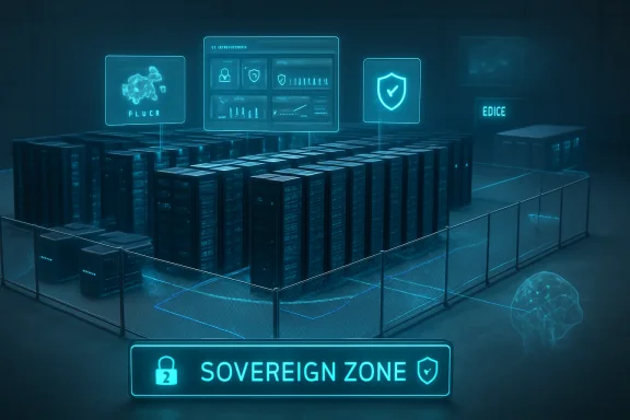 Neon cybersecurity server racks with glowing dashboards and a “SOVEREIGN ZONE” protection panel.