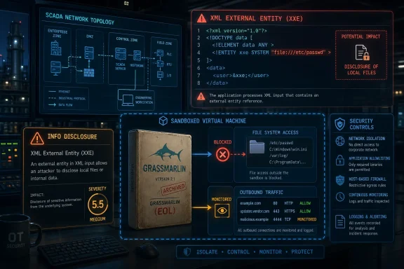 SCADA security dashboard illustrating an XML external entity (XXE) attack impact and sandbox defenses.