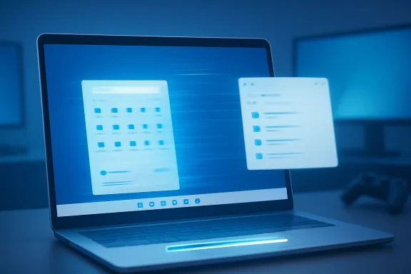 Blue-toned laptop screen displaying two overlapping dashboard windows with UI data and analytics.