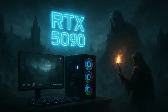Neon “RTx 50go” gaming setup with glowing PC and monitors in a dark fantasy battlefield.