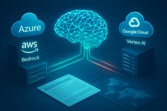 Neon network diagram connecting Azure, AWS, Bedrock, Google Cloud, and Vertex AI to a glowing AI brain.
