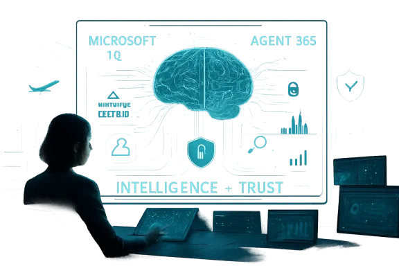 A person monitors a holographic AI interface with a brain scan and “Intelligence + Trust” text.