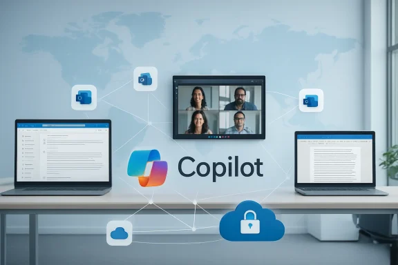 Remote collaboration setup with Copilot and secure cloud icons linking multiple laptops and a video call.