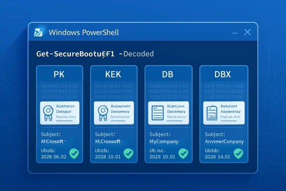 Windows PowerShell window showing decoded secure boot keys (PK, KEK, DB, DBX) with certificate cards and checkmarks.