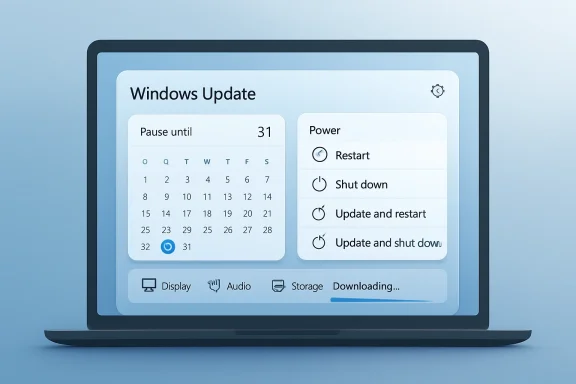 Laptop screen showing the Windows Update pause-until timer and power options for restart or shutdown.