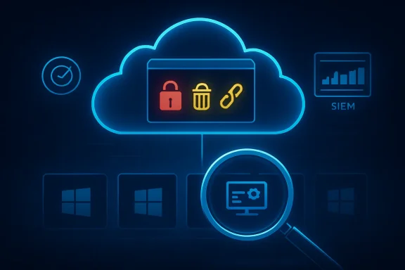 Cloud computing security illustration with locked icons, graphs, and magnifying glass.