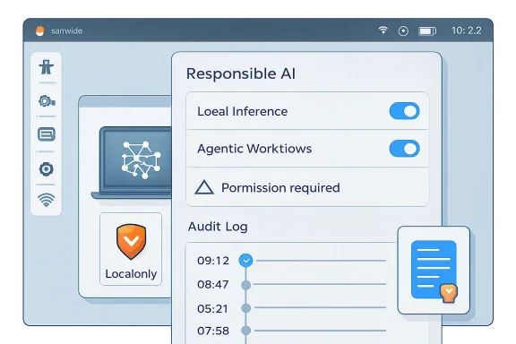 A “Responsible AI” dashboard shows local inference, agent workflows, permission warning, and an audit log.