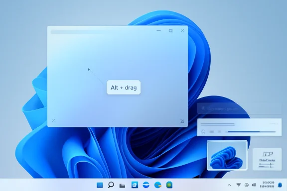 Blue Windows 11 desktop background with a floating window showing “Alt + drag” tooltip.