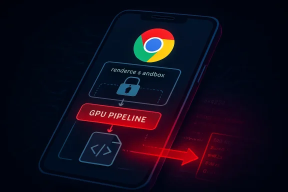 Smartphone UI showing a Chrome render sandbox with a “GPU PIPELINE” stage illustration and GPU flow arrows.