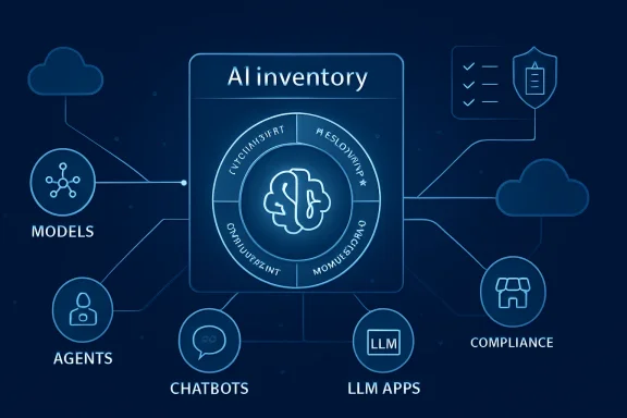 Neon blue diagram showing AI inventory with cloud, shield, and icons for models, agents, chatbots, and compliance.