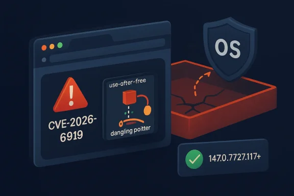 Cybersecurity-themed graphic showing CVE-2026-6919, a use-after-free warning, and an OS shield.
