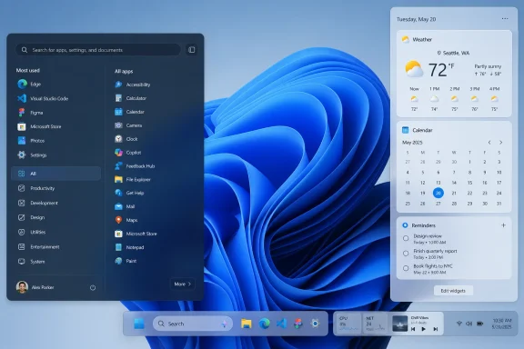 Windows 11 desktop with app menu, weather/calendar widgets, and blue abstract wallpaper.