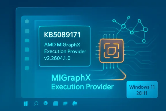 AMD MIGraphX Execution Provider v2.2604.1.0 shown on a blue Windows 11 interface.