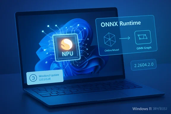 Laptop screen shows ONNX Runtime with NPU and graph icons, set against a blue AI update theme.