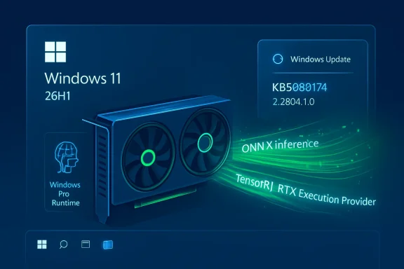 Futuristic graphic showing Windows 11 KB5080174 update with ONNX inference and TensorRT execution provider.