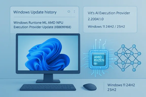 Computer screen shows Windows update history and an AI execution provider for AMD Ryzen NPU, with Windows 11 24H2/25H2.