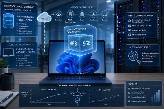 Diagram shows a laptop in a data center with Microsoft update optimization, reducing download sizes from 4GB–5GB to 400–800MB.