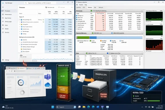 Windows Task Manager and Resource Monitor display CPU, memory, and paging activity with an SSD/RAM visualization overlay.