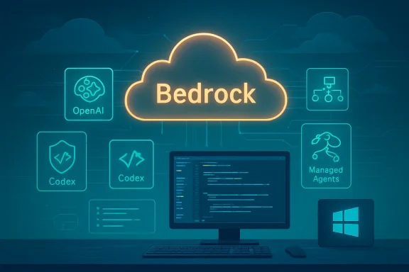 Neon cloud computing concept with “Bedrock” title and OpenAI/Codex/Managed Agents icons.
