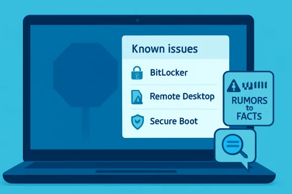 Illustration of a laptop listing known Windows security issues like BitLocker, Remote Desktop, and Secure Boot.