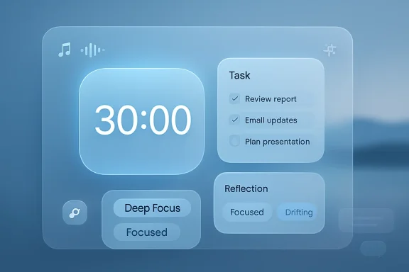 Blue productivity interface showing a 30:00 countdown, task list, and focus/reflection buttons.